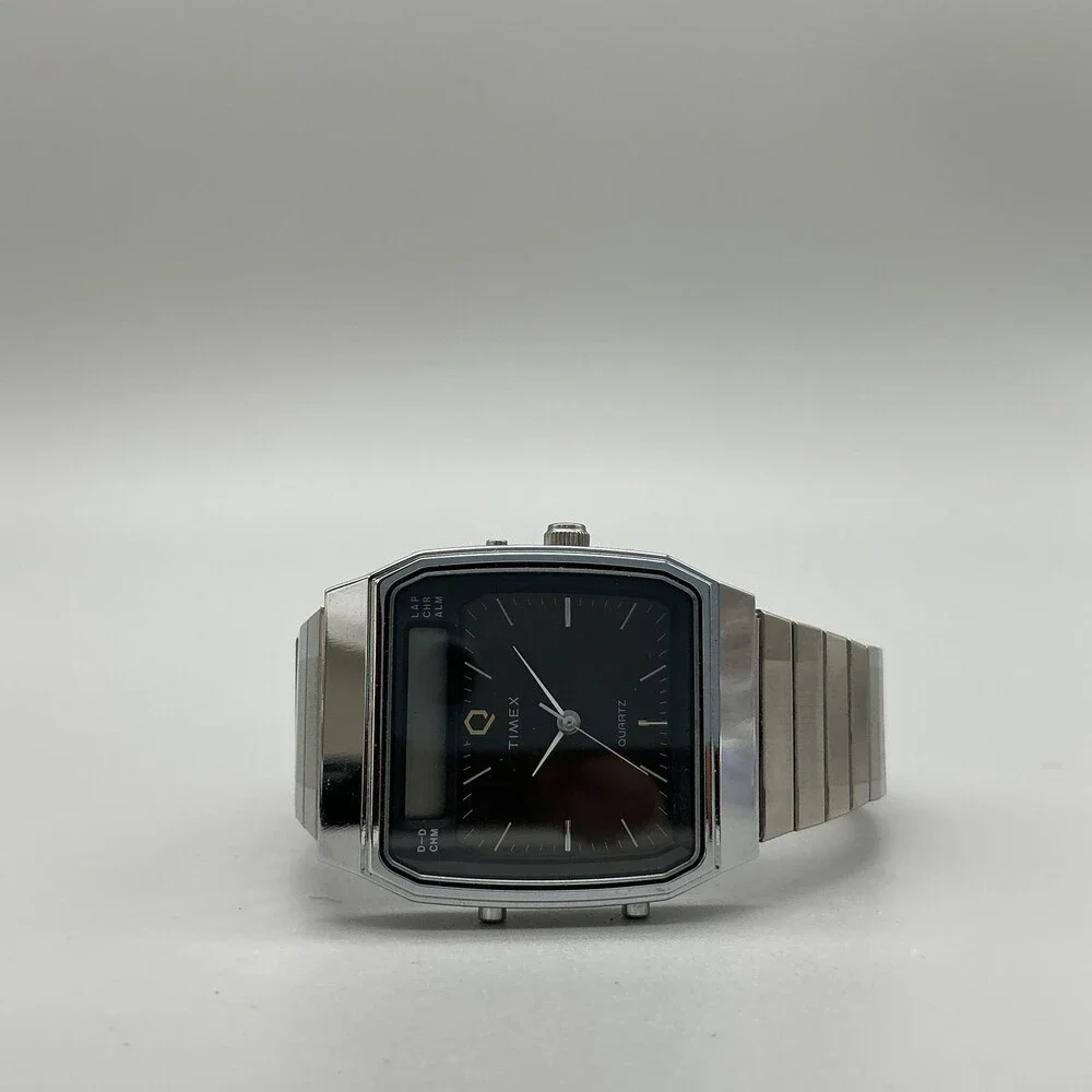 Vintage Timex Mens Watch 30mm Gray Stainless Analog LCD For Parts Not Running